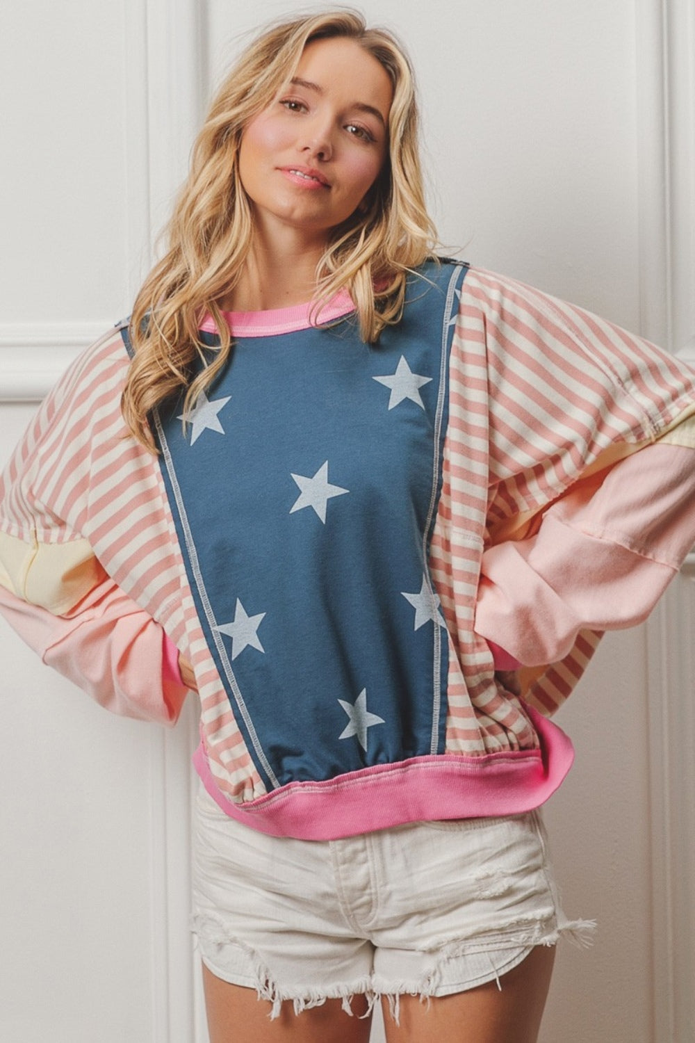 BiBi Stars and Stripes Round Neck Long Sleeve Top-Street 360-Blush Multi-S-Urbanheer