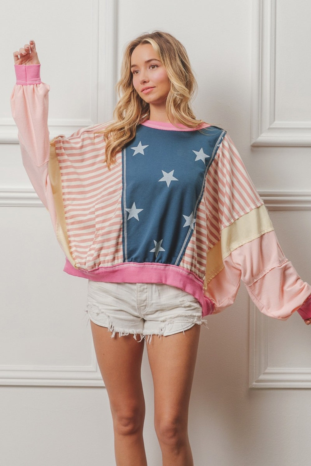 BiBi Stars and Stripes Round Neck Long Sleeve Top-Street 360-Blush Multi-S-Urbanheer