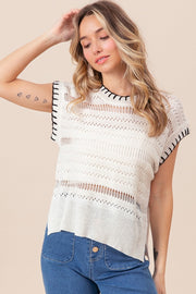 BiBi Stitch Edge Pointelle Side Slit Sweater Vest-Street 360-Ivory/Black-S-Urbanheer