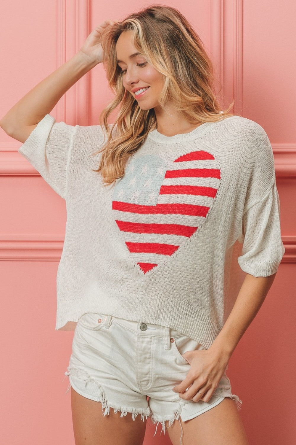 BiBi Striped Heart Contrast Knit Top-Street 360-Off White-S-Urbanheer