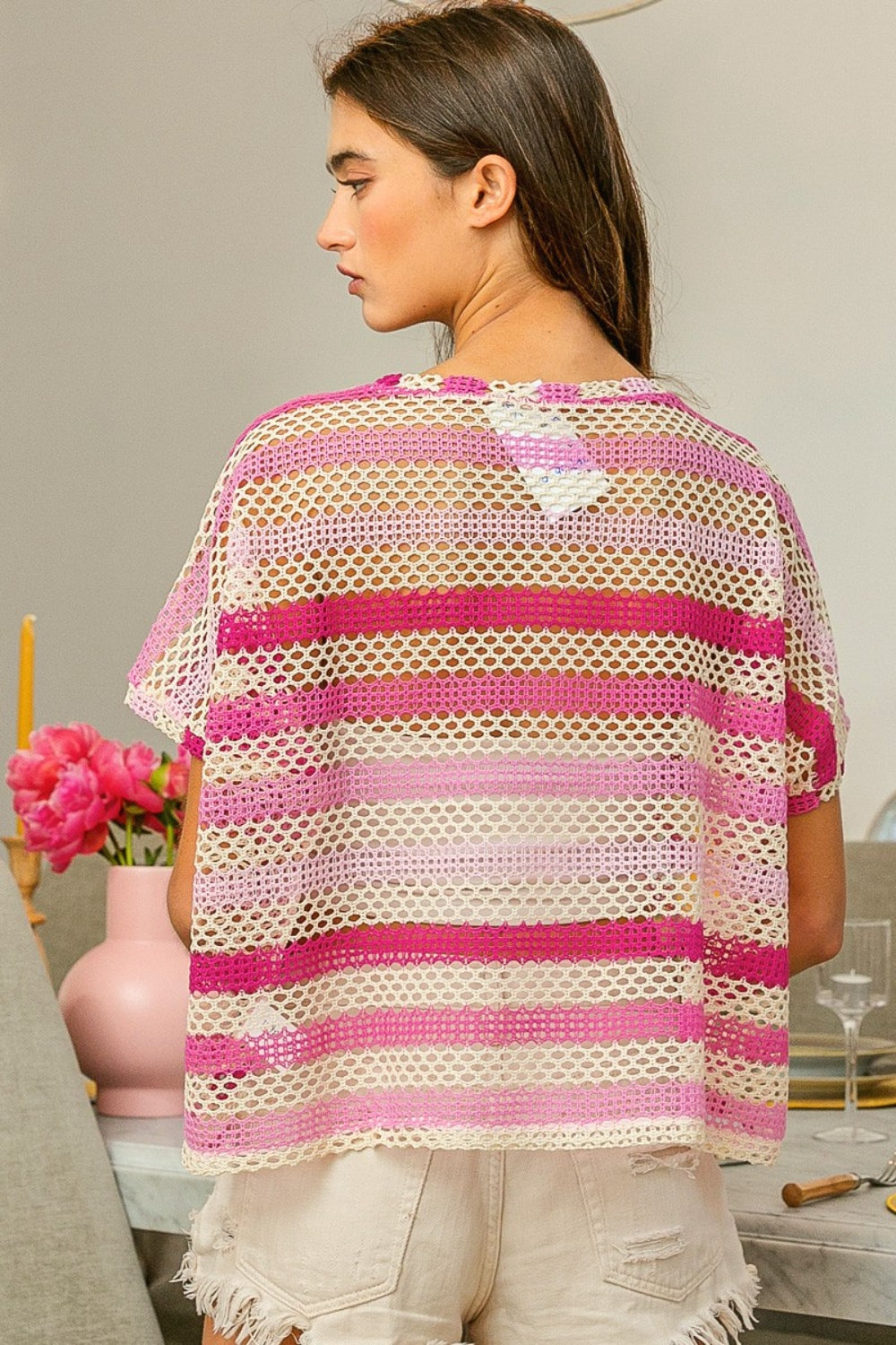 Bibi Striped Openwork Short Sleeve Knit Cover Up-Street 360-Fuchsia Combo-S-Urbanheer
