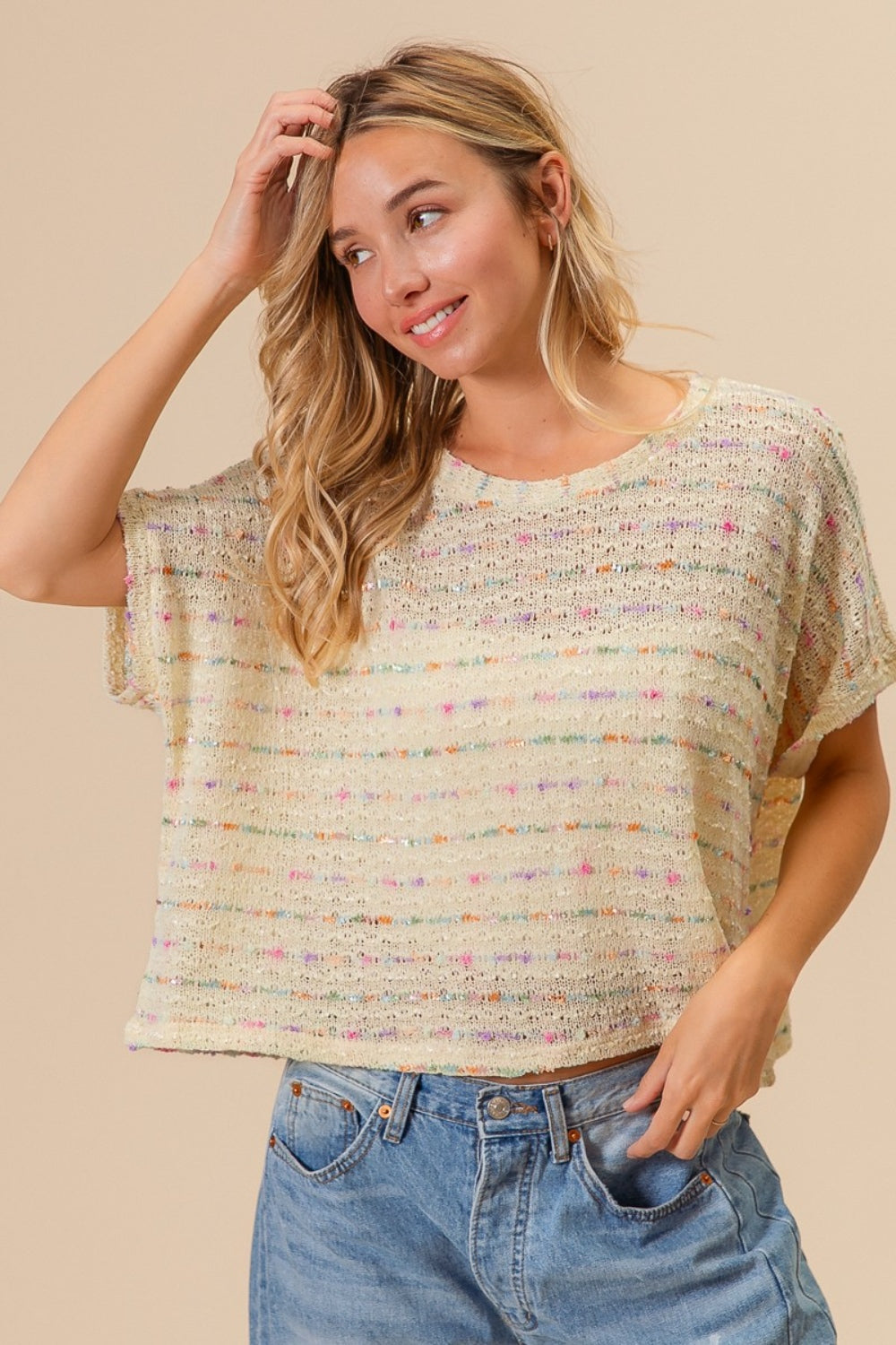 Bibi Striped Popcorn Knit Top-Street 360-Oatmeal Multi-S-Urbanheer