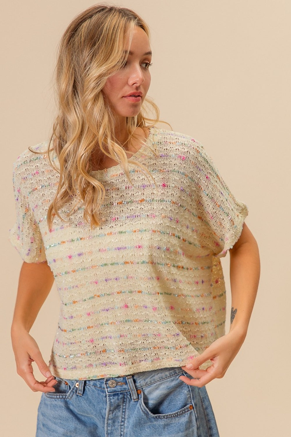 Bibi Striped Popcorn Knit Top-Street 360-Oatmeal Multi-S-Urbanheer