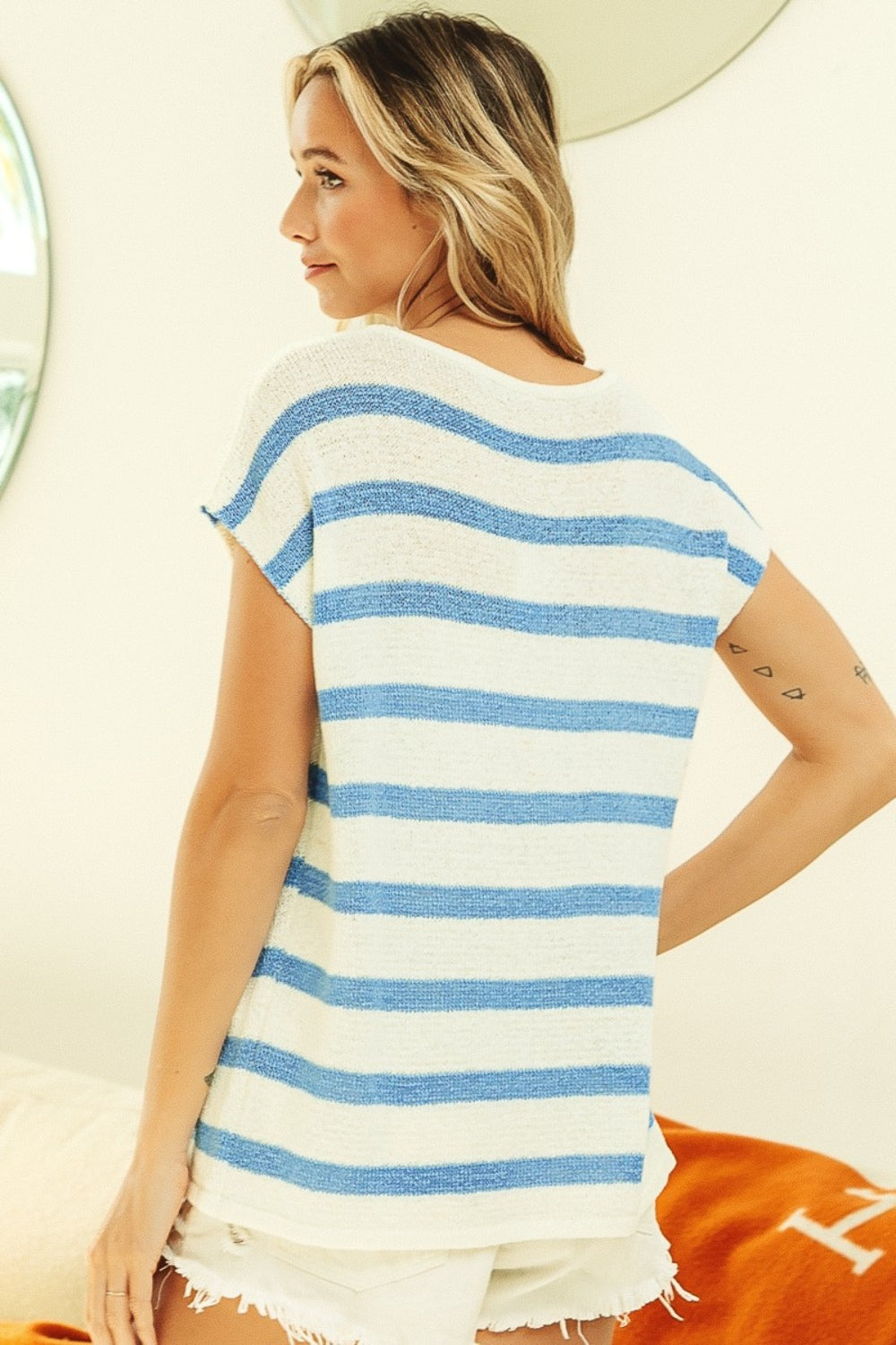 BiBi Striped Round Neck Short Sleeve Knit Top-Street 360-Ivory/Denim-S-Urbanheer