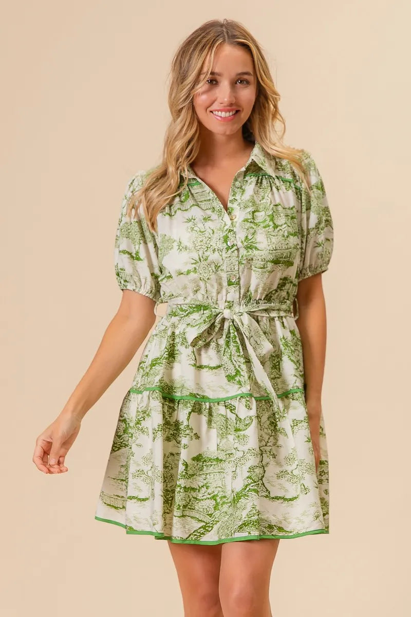 BiBi Woven Printed Tiered Dress-BiBi-AVOCADO-S-Urbanheer