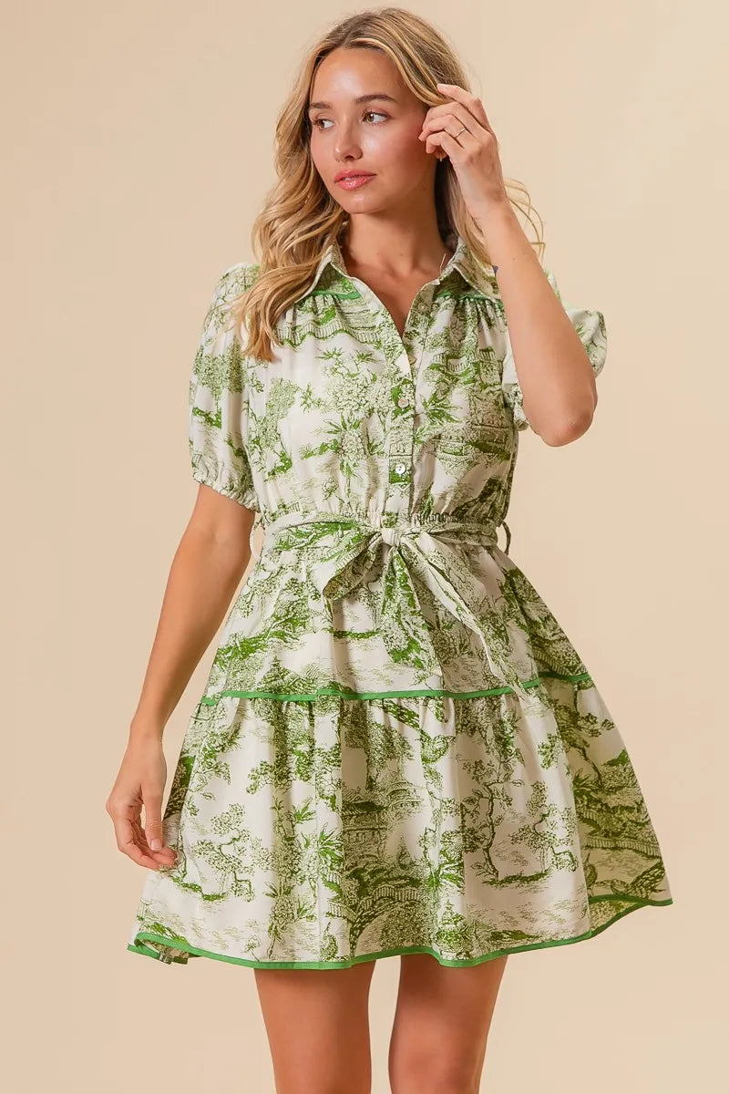 BiBi Woven Printed Tiered Dress-BiBi-AVOCADO-S-Urbanheer