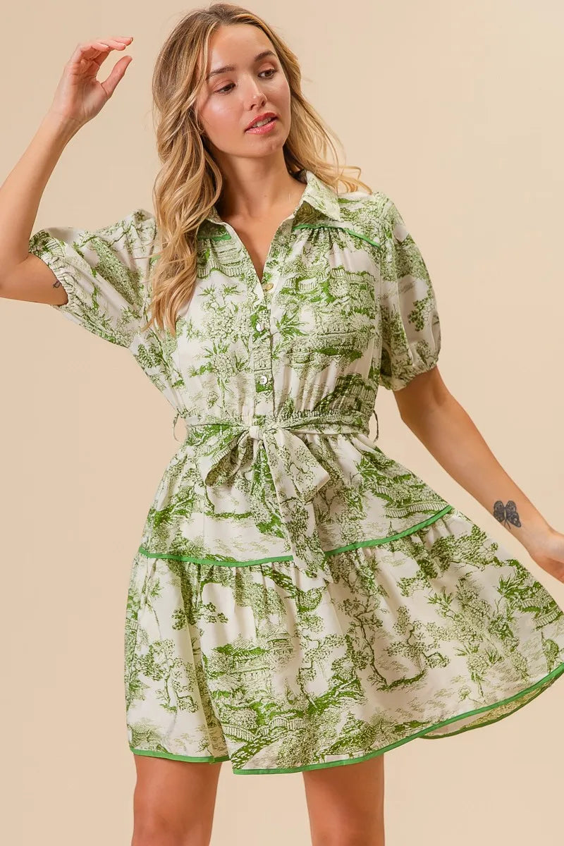 BiBi Woven Printed Tiered Dress-BiBi-AVOCADO-S-Urbanheer