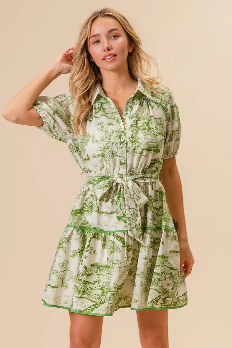 BiBi Woven Printed Tiered Dress-BiBi-AVOCADO-S-Urbanheer