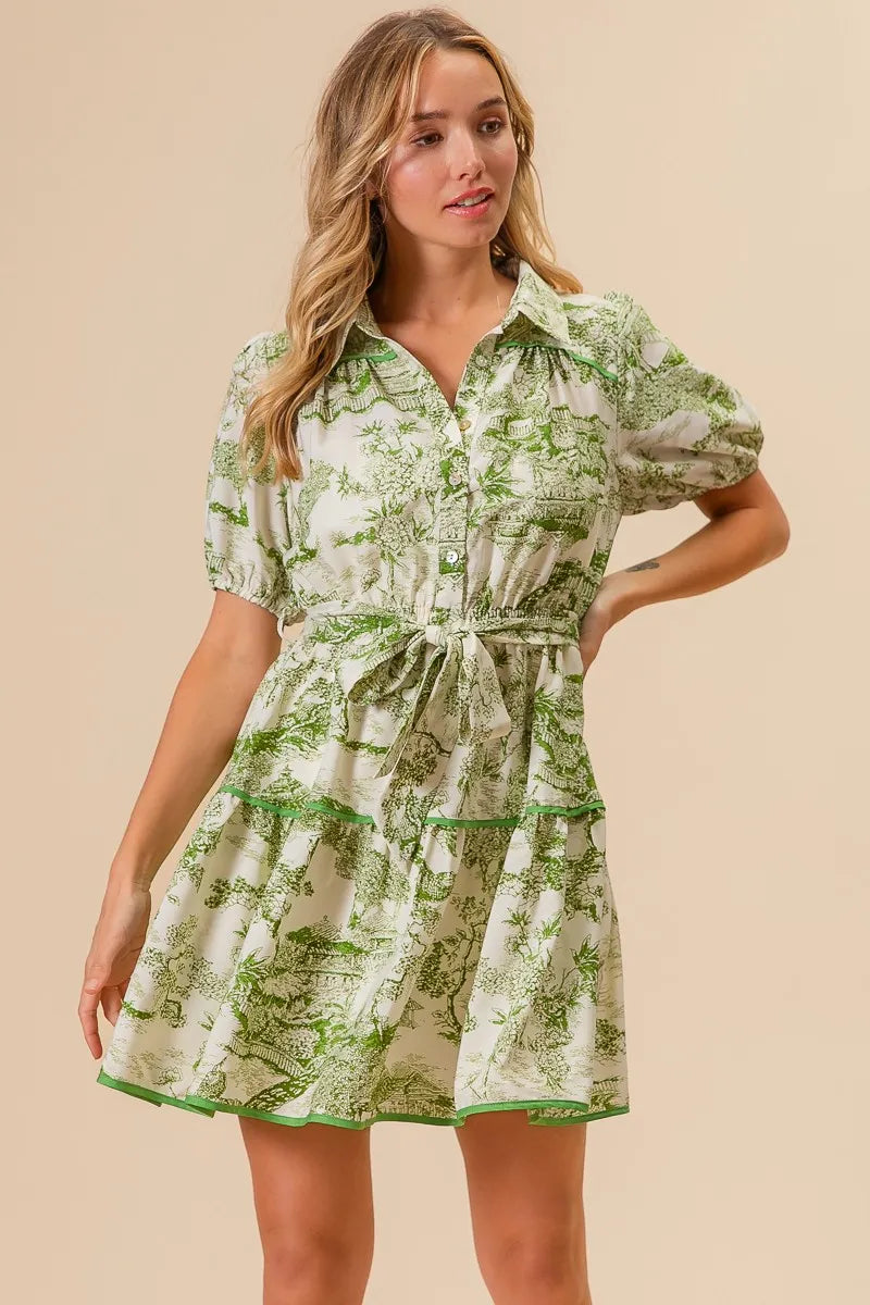 BiBi Woven Printed Tiered Dress-BiBi-AVOCADO-S-Urbanheer