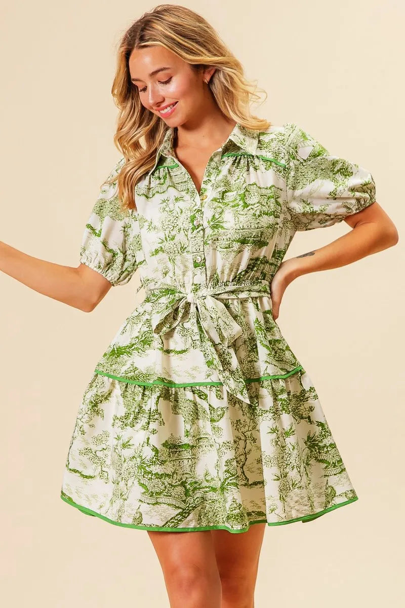 BiBi Woven Printed Tiered Dress-BiBi-AVOCADO-S-Urbanheer