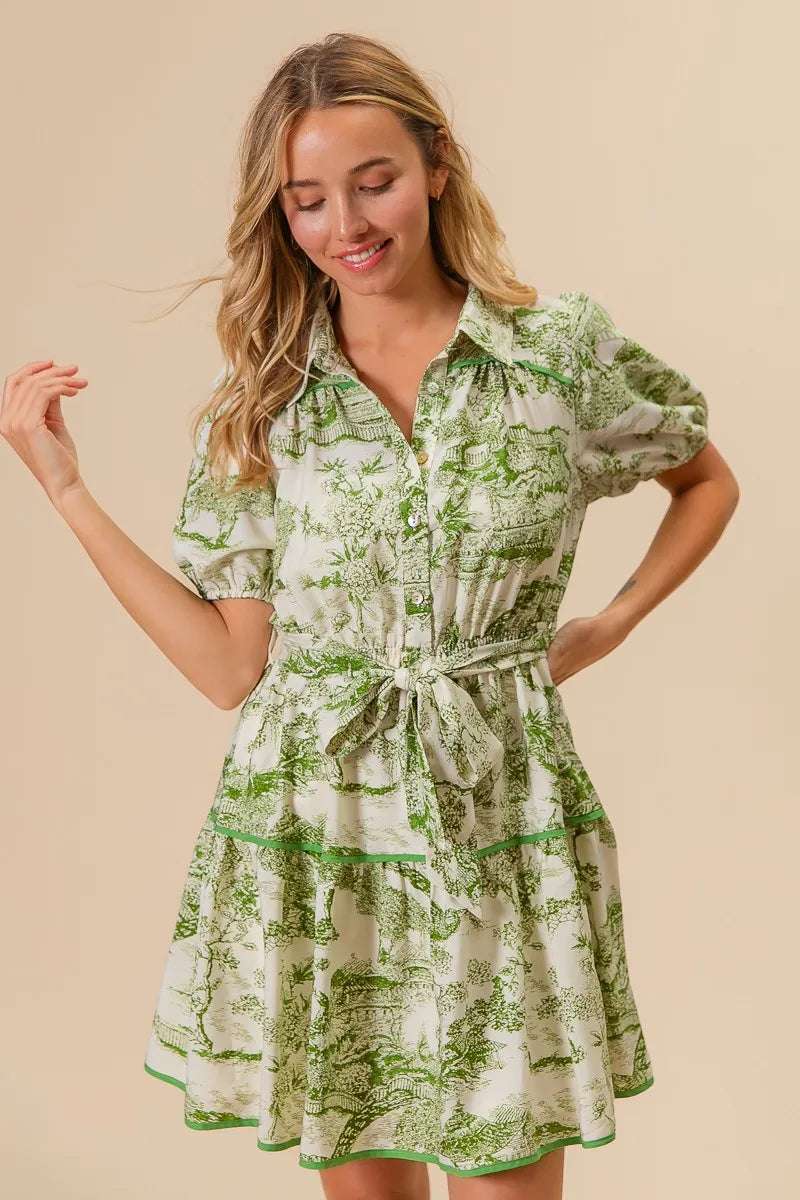 BiBi Woven Printed Tiered Dress-BiBi-AVOCADO-S-Urbanheer