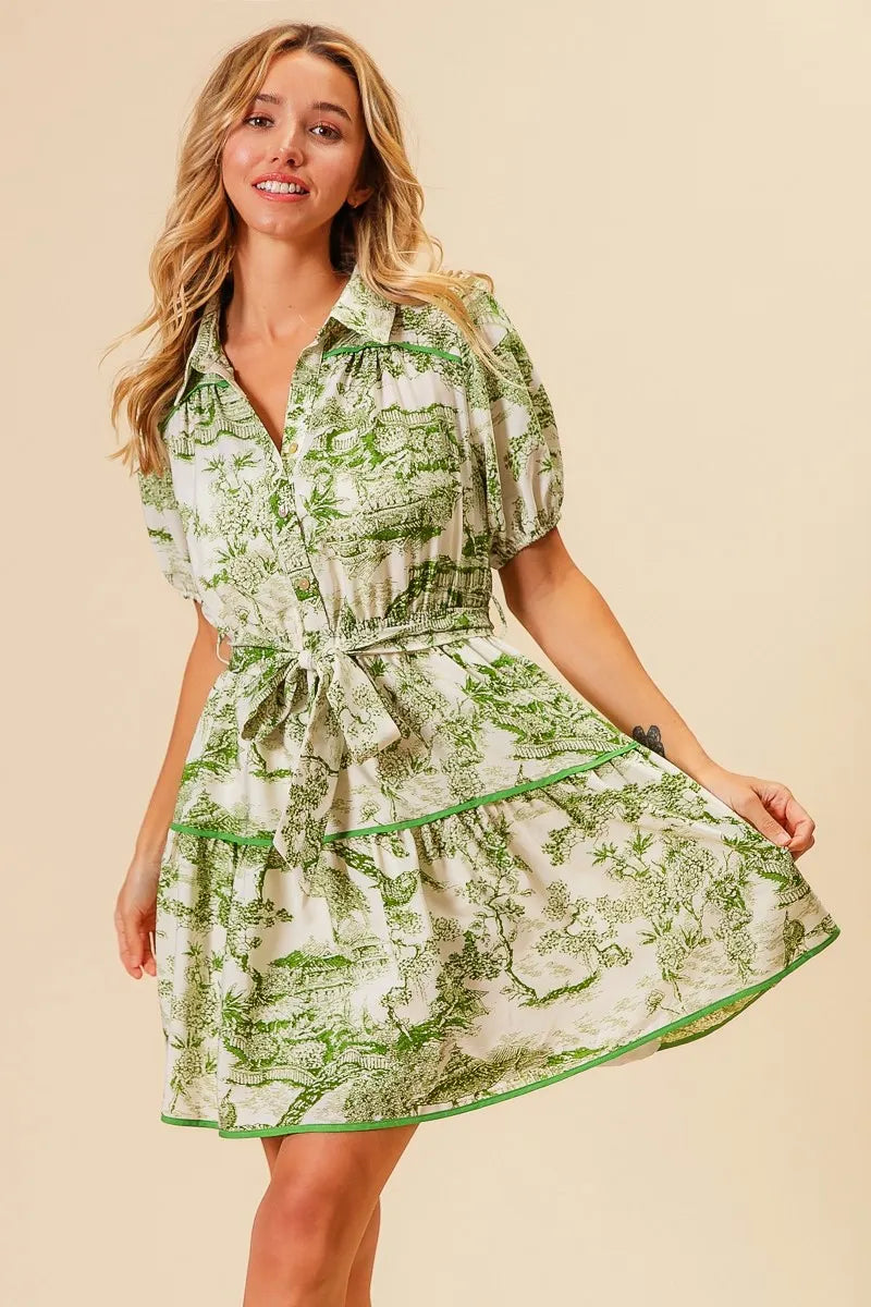 BiBi Woven Printed Tiered Dress-BiBi-AVOCADO-S-Urbanheer