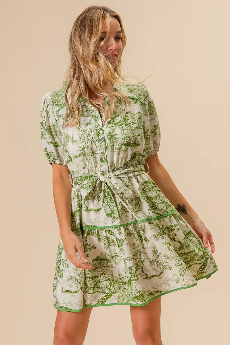 BiBi Woven Printed Tiered Dress-BiBi-AVOCADO-S-Urbanheer