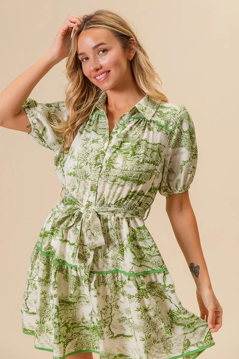 BiBi Woven Printed Tiered Dress-BiBi-AVOCADO-S-Urbanheer