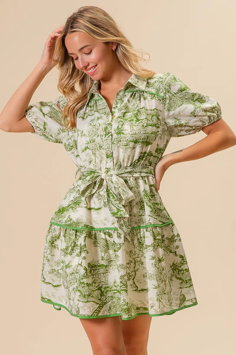 BiBi Woven Printed Tiered Dress-BiBi-AVOCADO-S-Urbanheer