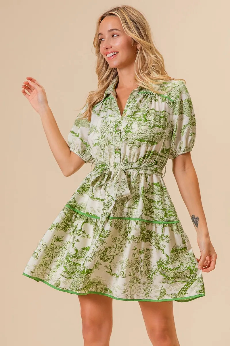 BiBi Woven Printed Tiered Dress-BiBi-AVOCADO-S-Urbanheer