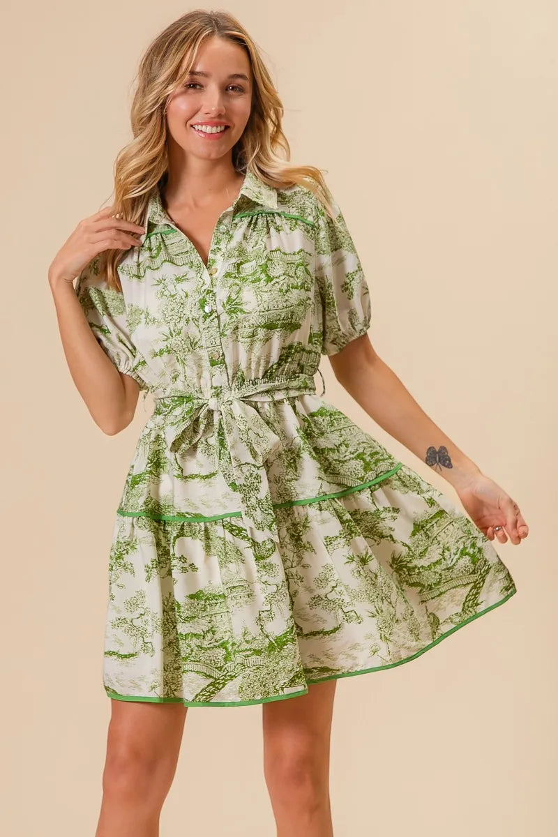 BiBi Woven Printed Tiered Dress-BiBi-AVOCADO-S-Urbanheer