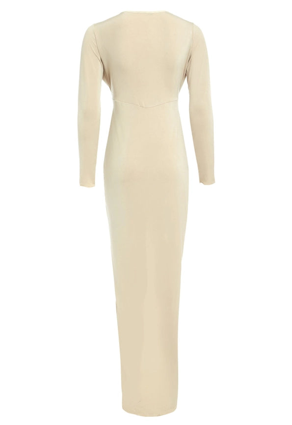 Bianca - Stone - Plunge Front Knot Maxi Dress-Dress-SARVIN-XS-Stone-Urbanheer
