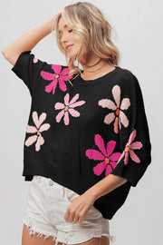 Bibi Floral Pattern Cropped Sweater-Street 360-Black/Pink/Fuchsia-S-Urbanheer