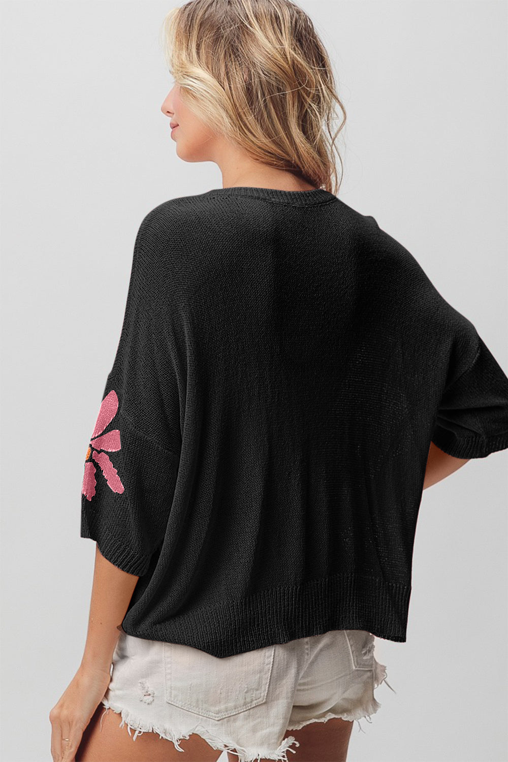 Bibi Floral Pattern Cropped Sweater-Street 360-Black/Pink/Fuchsia-S-Urbanheer