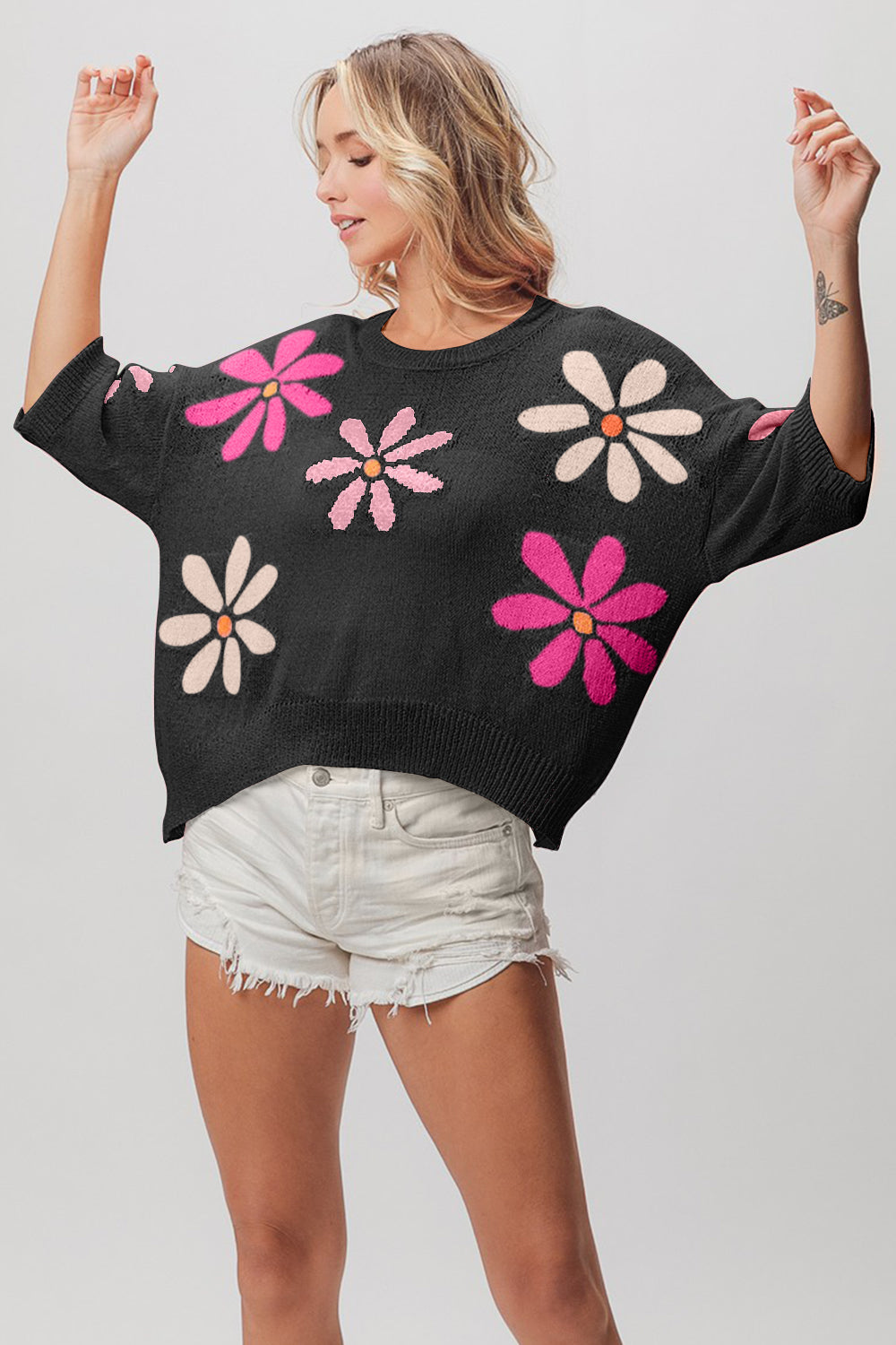 Bibi Floral Pattern Cropped Sweater-Street 360-Black/Pink/Fuchsia-S-Urbanheer