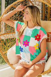 Bibi Flower Patch Checkered Sweater Vest-Street 360-Jade/Lt Blue/Pink-S-Urbanheer