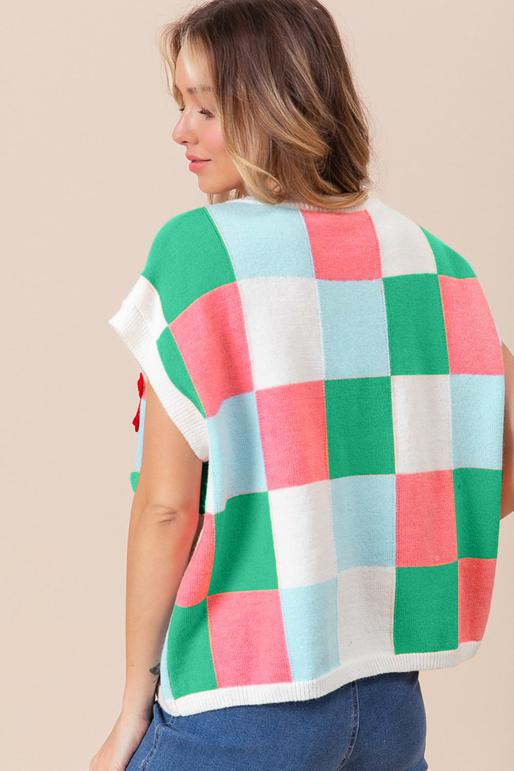 Bibi Flower Patch Checkered Sweater Vest-Street 360-Jade/Lt Blue/Pink-S-Urbanheer