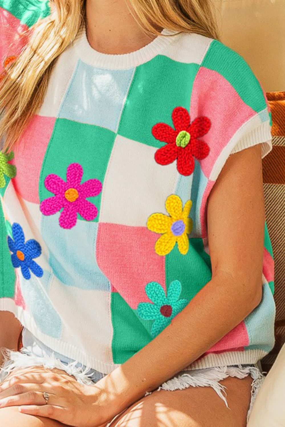 Bibi Flower Patch Checkered Sweater Vest-Street 360-Jade/Lt Blue/Pink-S-Urbanheer