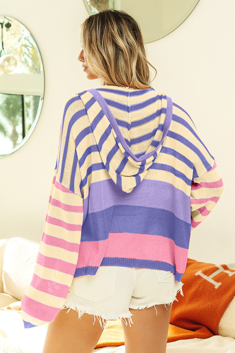 Bibi Striped Color Block Hooded Knit Top-Street 360-Stripe-S-Urbanheer