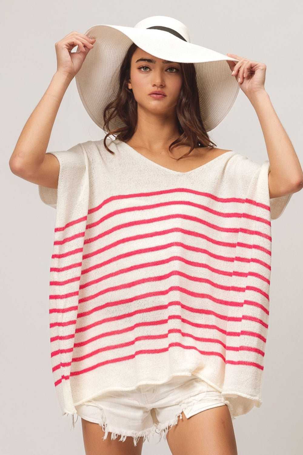 Bibi V Neck Striped Short Sleeve Top-Street 360-Fuchsia-S-Urbanheer