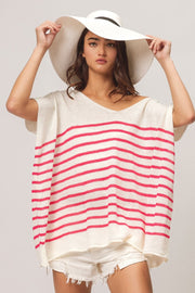 Bibi V Neck Striped Short Sleeve Top-Street 360-Fuchsia-S-Urbanheer