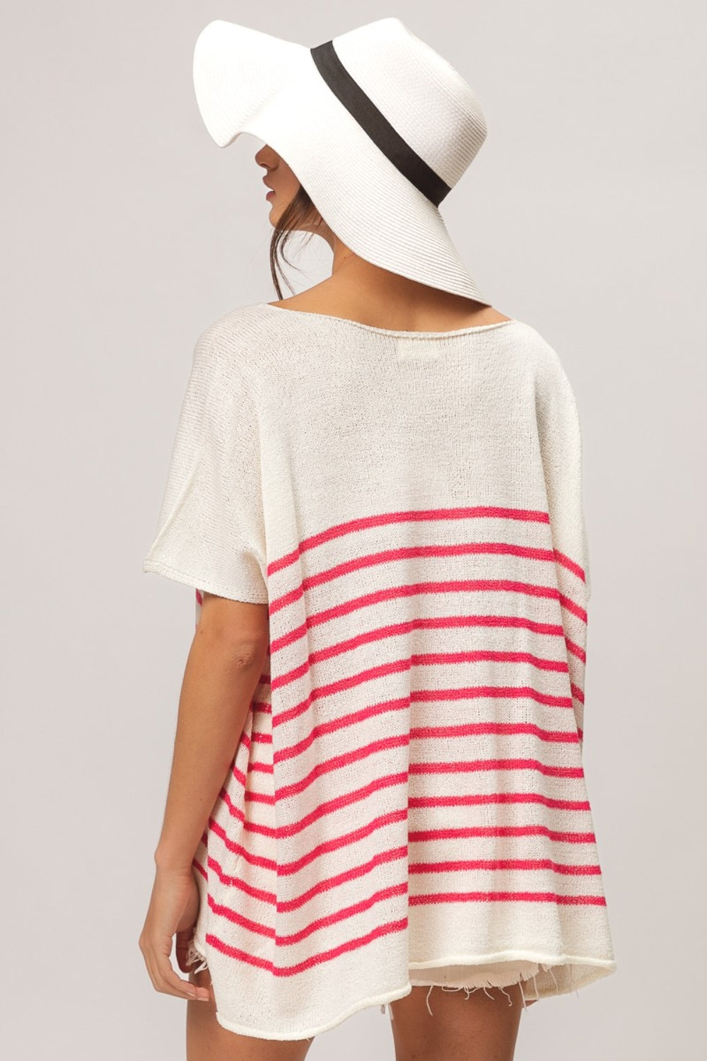 Bibi V Neck Striped Short Sleeve Top-Street 360-Fuchsia-S-Urbanheer