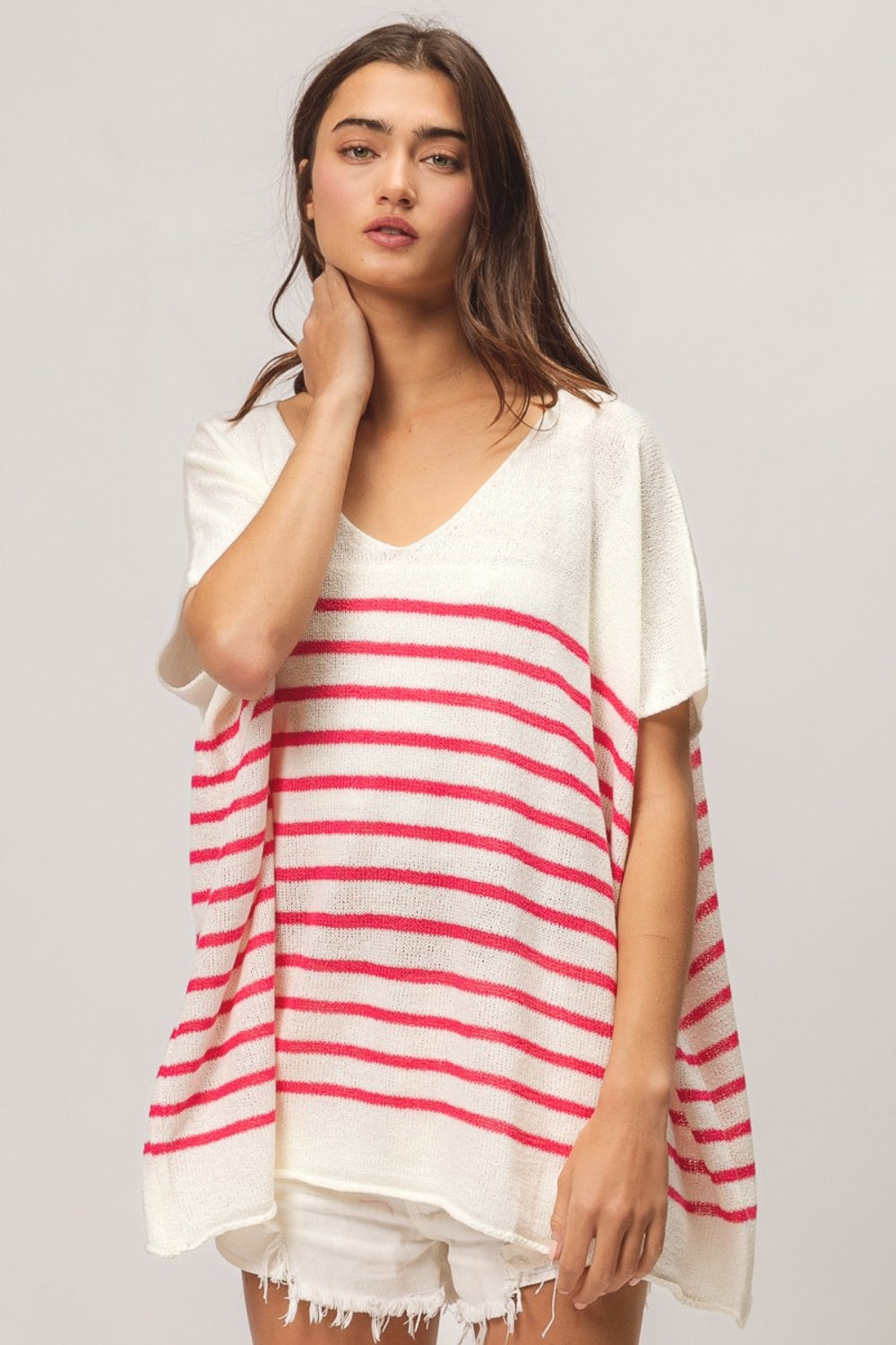 Bibi V Neck Striped Short Sleeve Top-Street 360-Fuchsia-S-Urbanheer