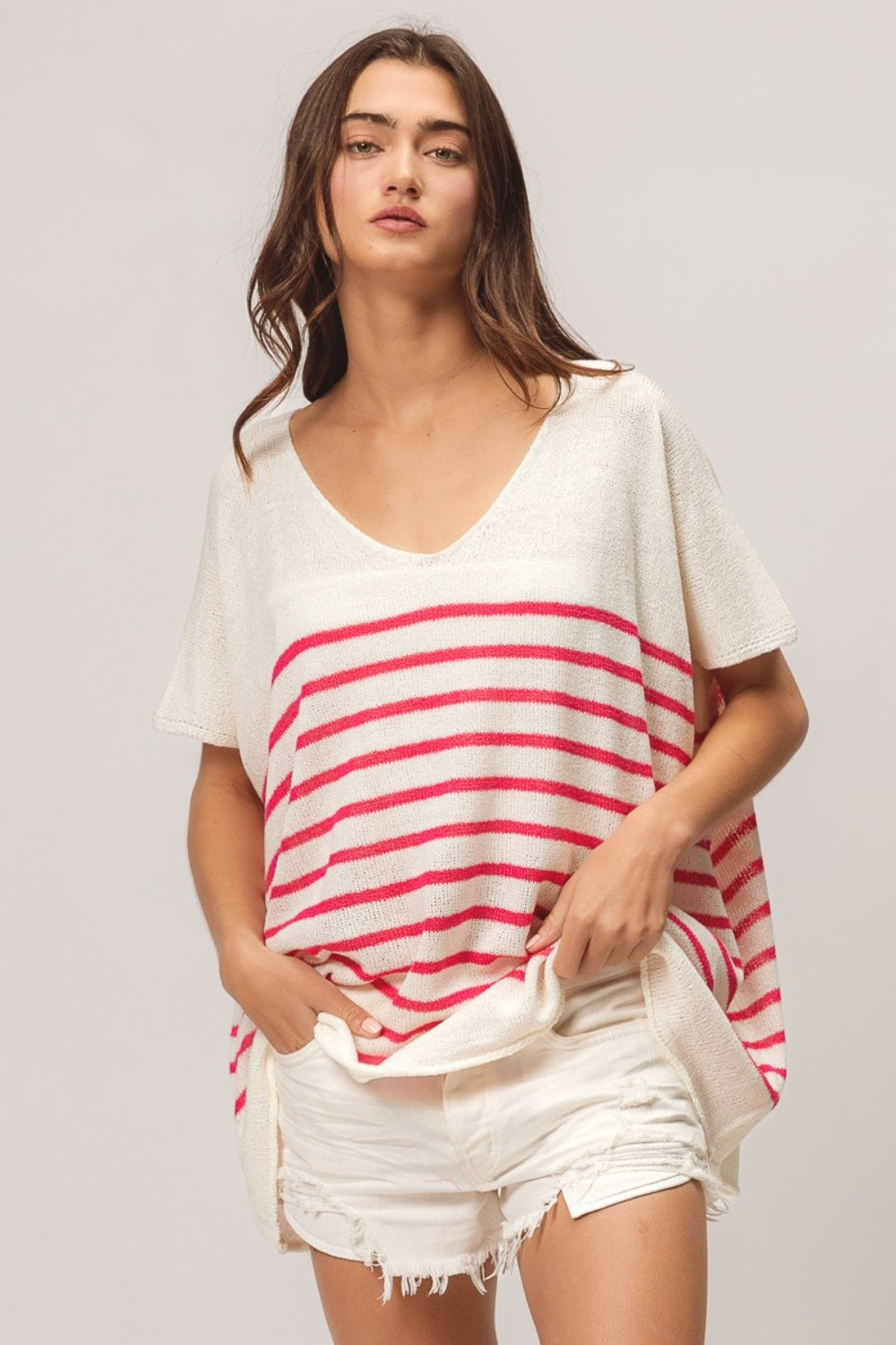 Bibi V Neck Striped Short Sleeve Top-Street 360-Fuchsia-S-Urbanheer