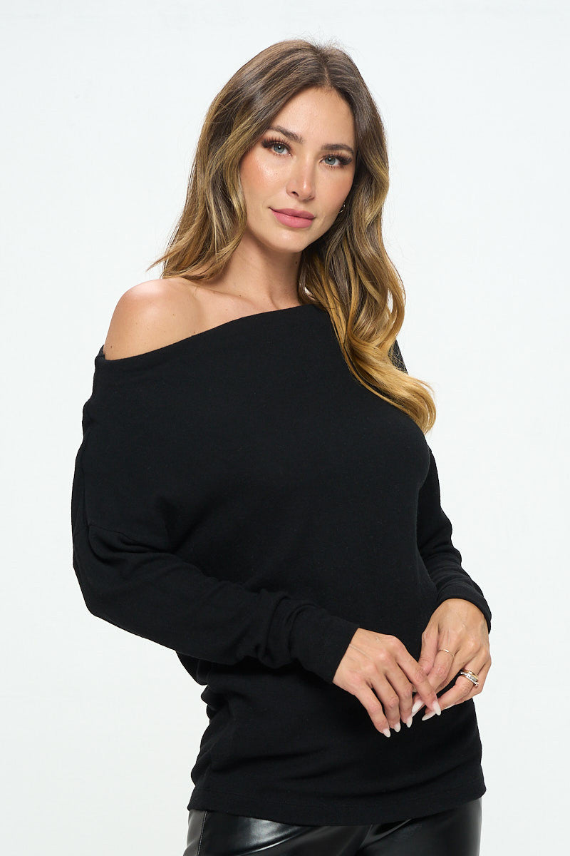 Black Brushed Knit Off the Shoulder Top-Tops-Reneecollection-Urbanheer