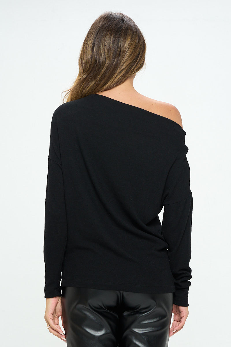 Black Brushed Knit Off the Shoulder Top-Tops-Reneecollection-Urbanheer