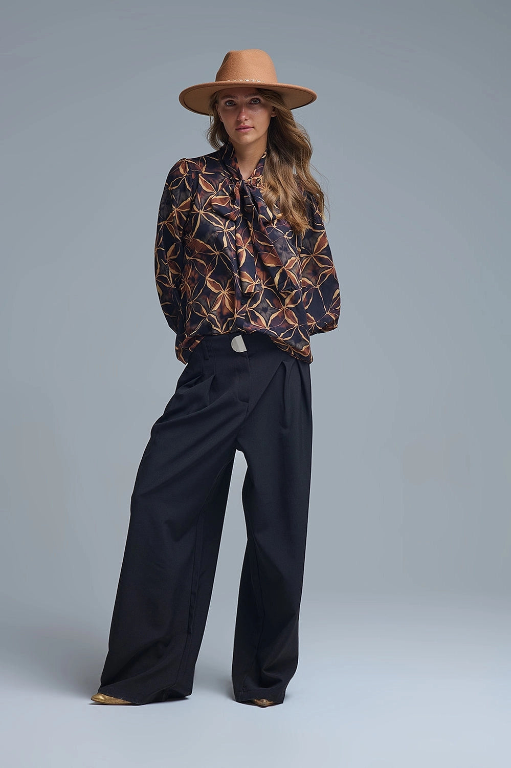 Black Chiffon Shirt with Abstract Print and Knotted Bow