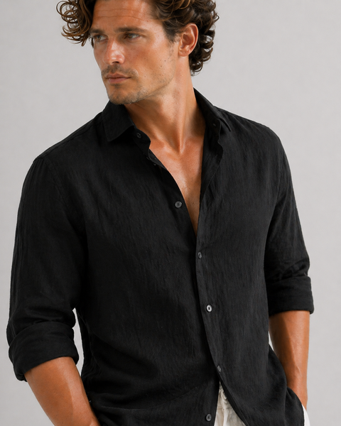 Black Cotton & Linen Shirt – Easy Fit, Bahama Shirt