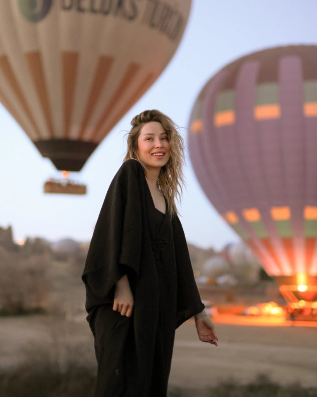 Black Crinkle Cotton Comfort Kaftan Dress (Copy)-Dress-Moa-Bust: 62"inches - (158 cm) Waist: 63"inches - (160 cm) Length: 52.5"inches - (133 cm)-Black-Urbanheer