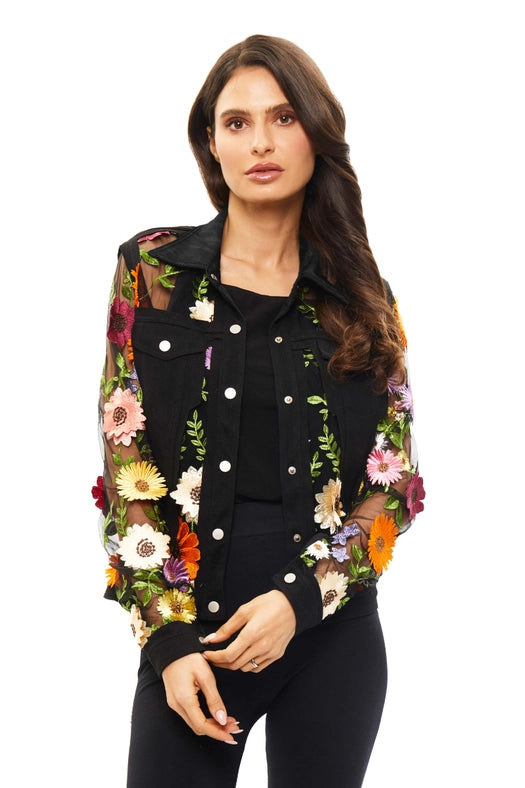 Black Denim Lace Jacket with Floral Embroidery-Jacket-Adore-S-Black-Urbanheer