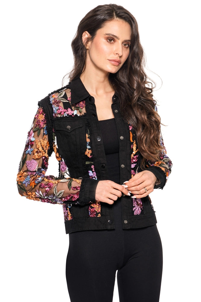 Black Denim Jacket with Floral Sequence