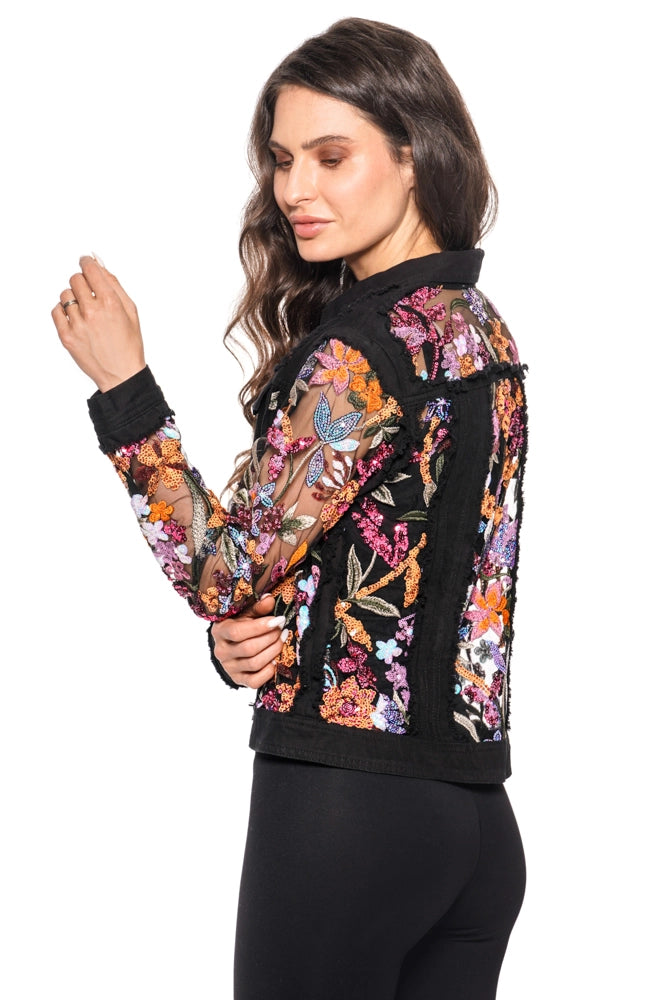Black Denim Jacket with Floral Sequence