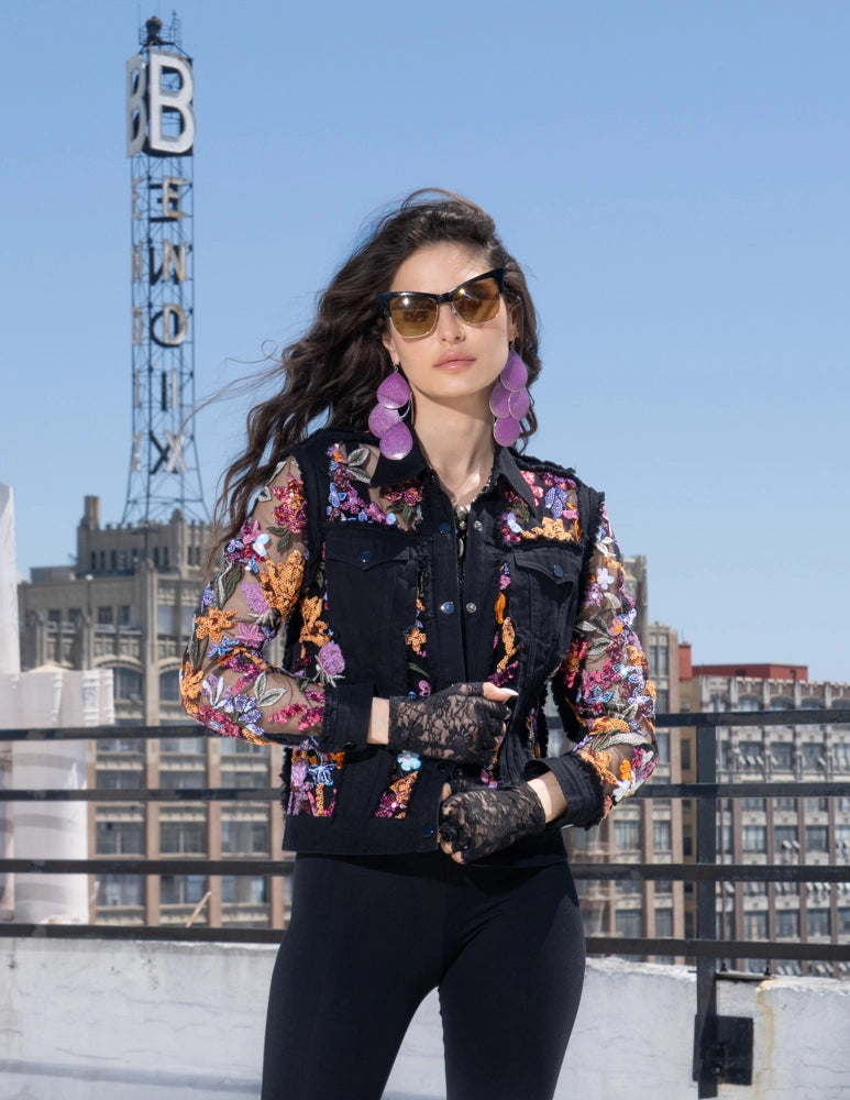 Black Denim Jacket with Floral Sequence