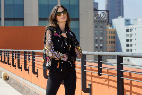 Black Denim Lace Jacket with Floral Embroidery-Jacket-Adore-S-Black-Urbanheer