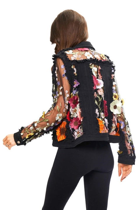 Black Denim Lace Jacket with Floral Embroidery-Jacket-Adore-S-Black-Urbanheer