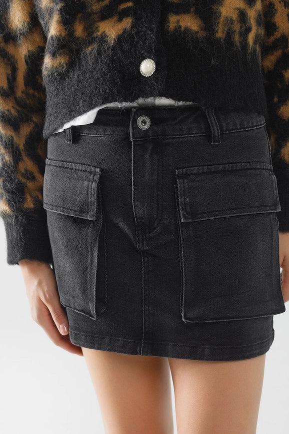 Black Denim Miniskirt with Cargo Pockets-Skirt-Q2-XS-Black-Urbanheer