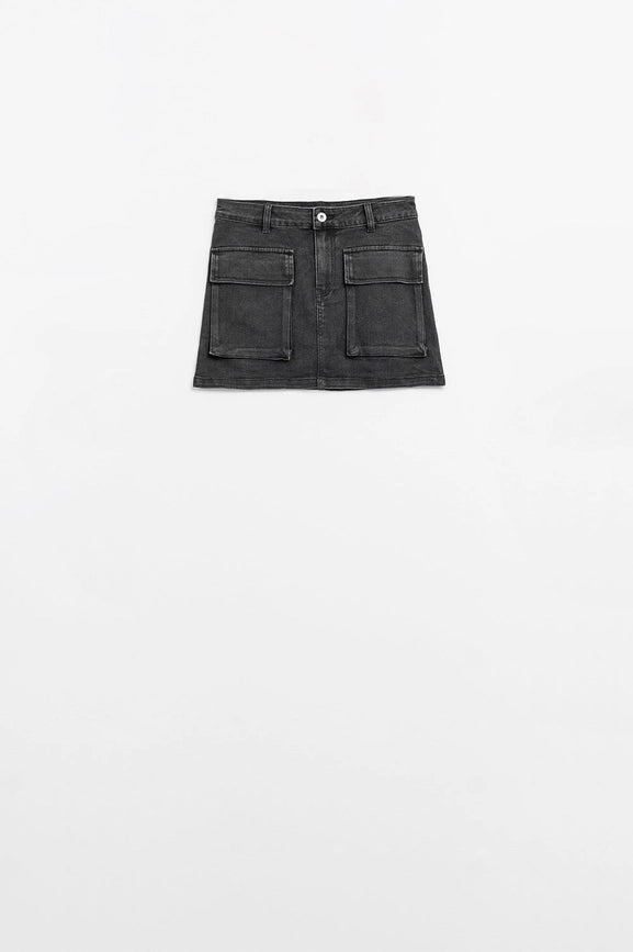 Black Denim Miniskirt with Cargo Pockets-Skirt-Q2-XS-Black-Urbanheer