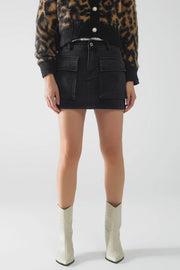 Black Denim Miniskirt with Cargo Pockets-Skirt-Q2-XS-Black-Urbanheer