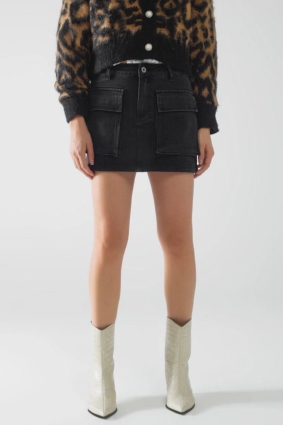 Black Denim Miniskirt with Cargo Pockets-Skirt-Q2-XS-Black-Urbanheer