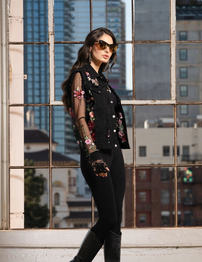 Black Denim and Lace Embroidered Jacket-Jacket-Adore-S-Urbanheer